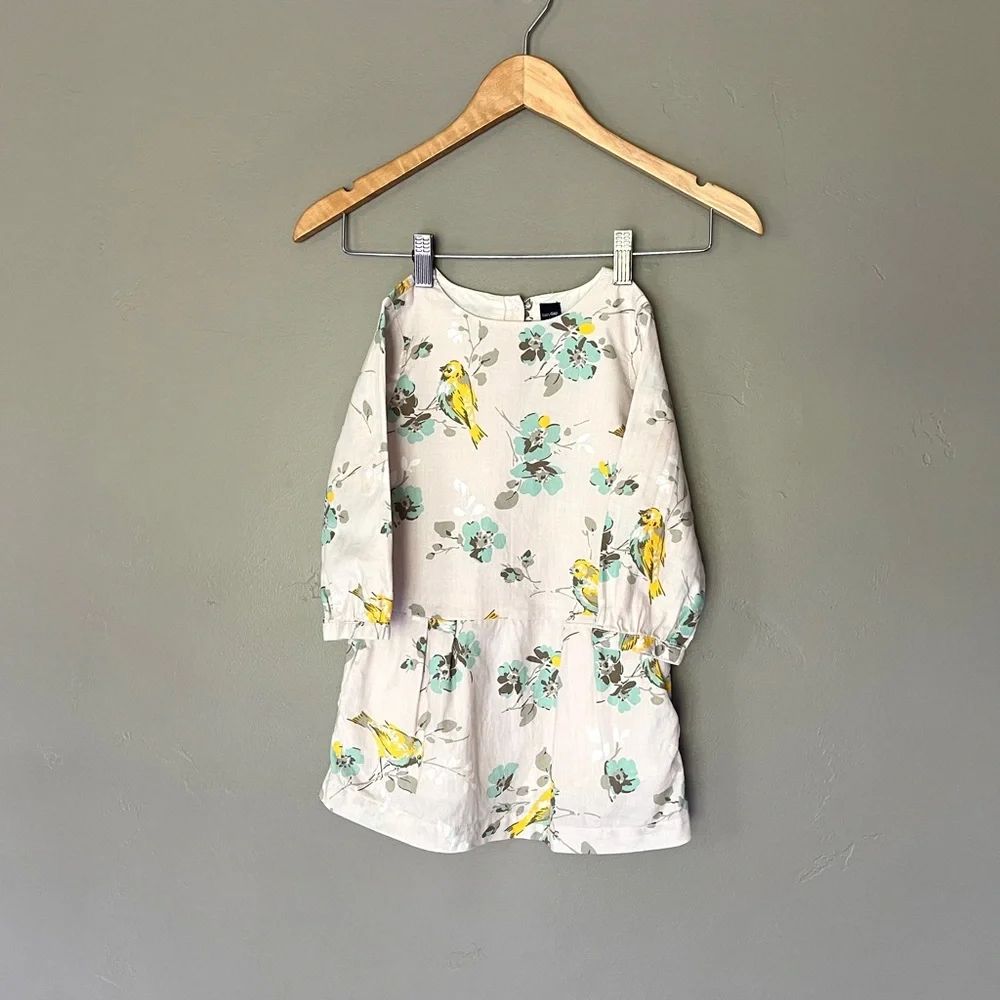BabyGap Toddler 3 Years Floral Bird Drop Waist Long Sleeve Dress